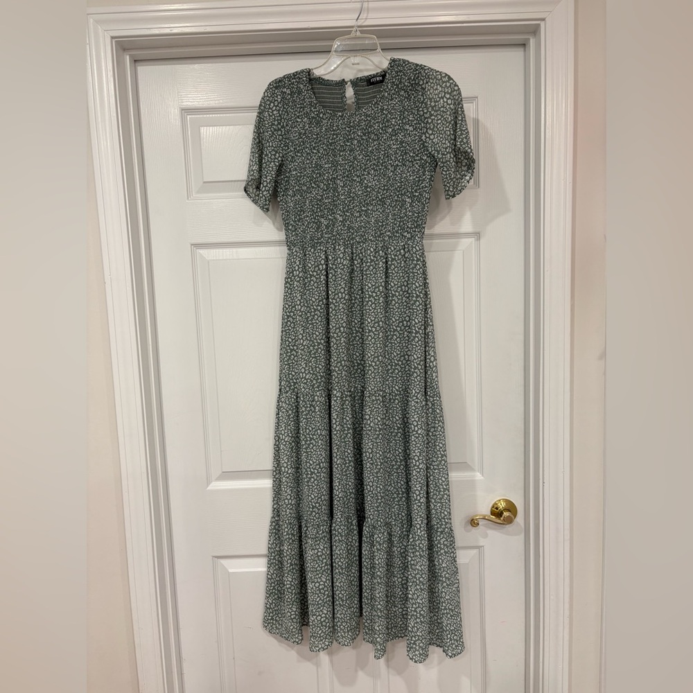 BTFBM Smocked Waist Sage Green Floral Maxi Dress